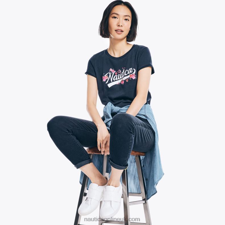Nautica Floral Logo Graphic T-Shirt L6J4L998 Stellar Blue Heather Women