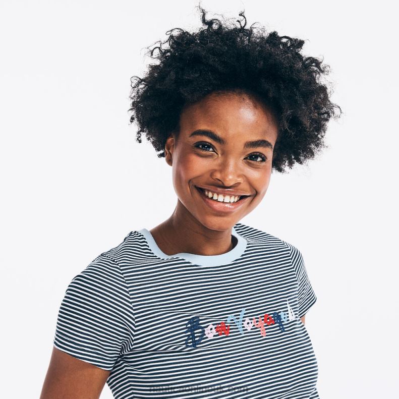 Nautica Striped Bon Voyage Graphic T-Shirt L6J4L1020 Stellar Blue Heather Women