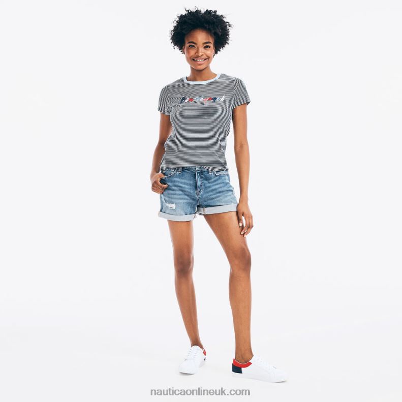 Nautica Striped Bon Voyage Graphic T-Shirt L6J4L1020 Stellar Blue Heather Women