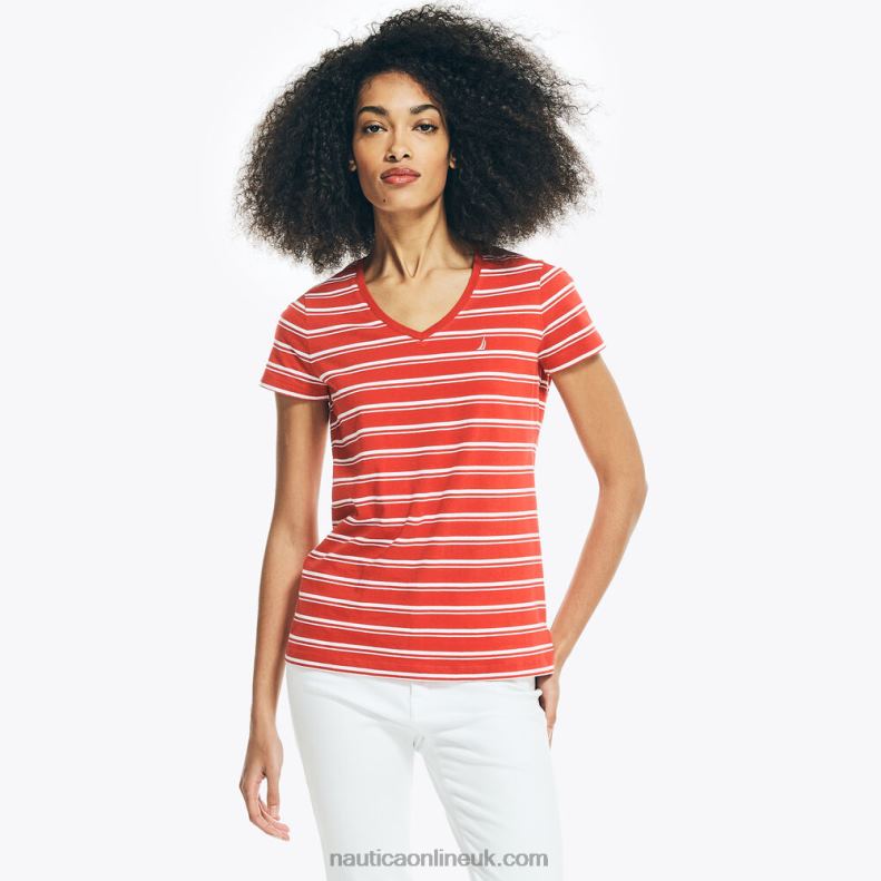 Nautica Striped V-Neck T-Shirt L6J4L775 Buoy Red Women