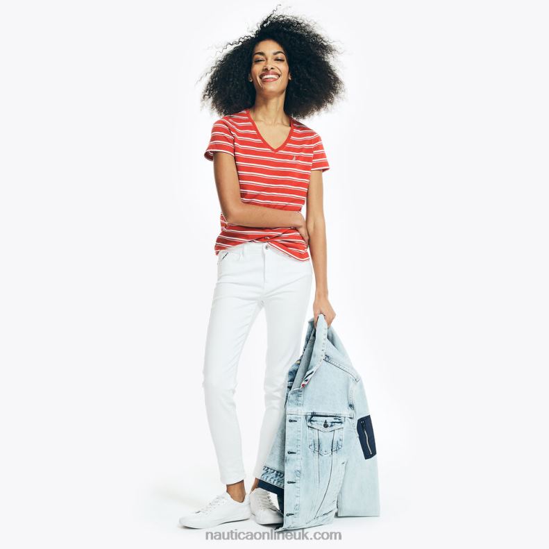 Nautica Striped V-Neck T-Shirt L6J4L775 Buoy Red Women