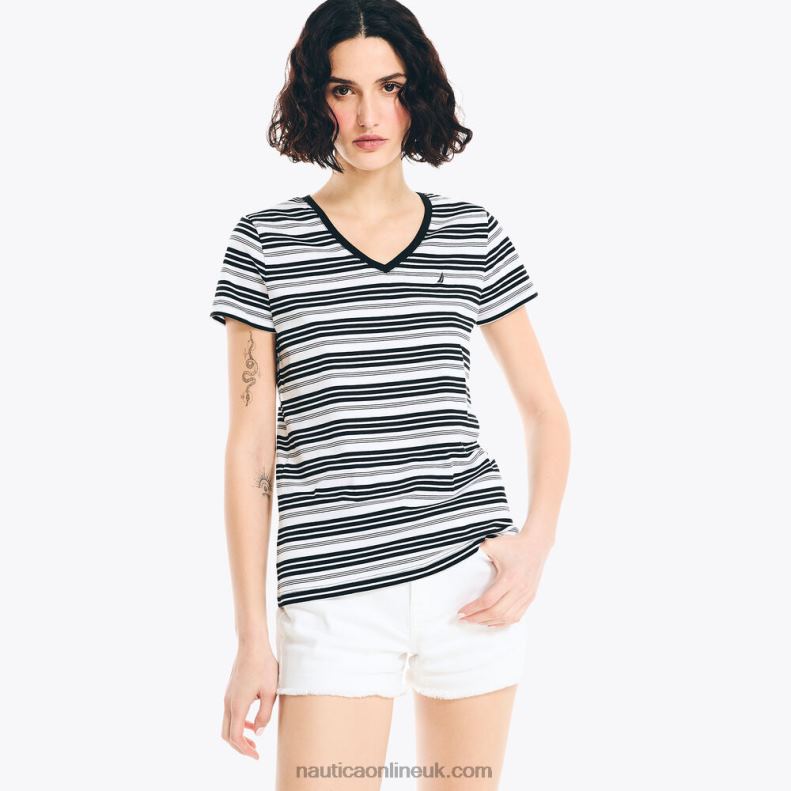 Nautica Striped V-Neck T-Shirt L6J4L961 True Black Women