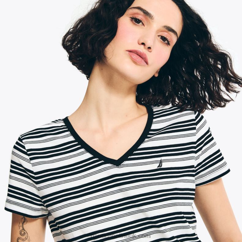 Nautica Striped V-Neck T-Shirt L6J4L961 True Black Women