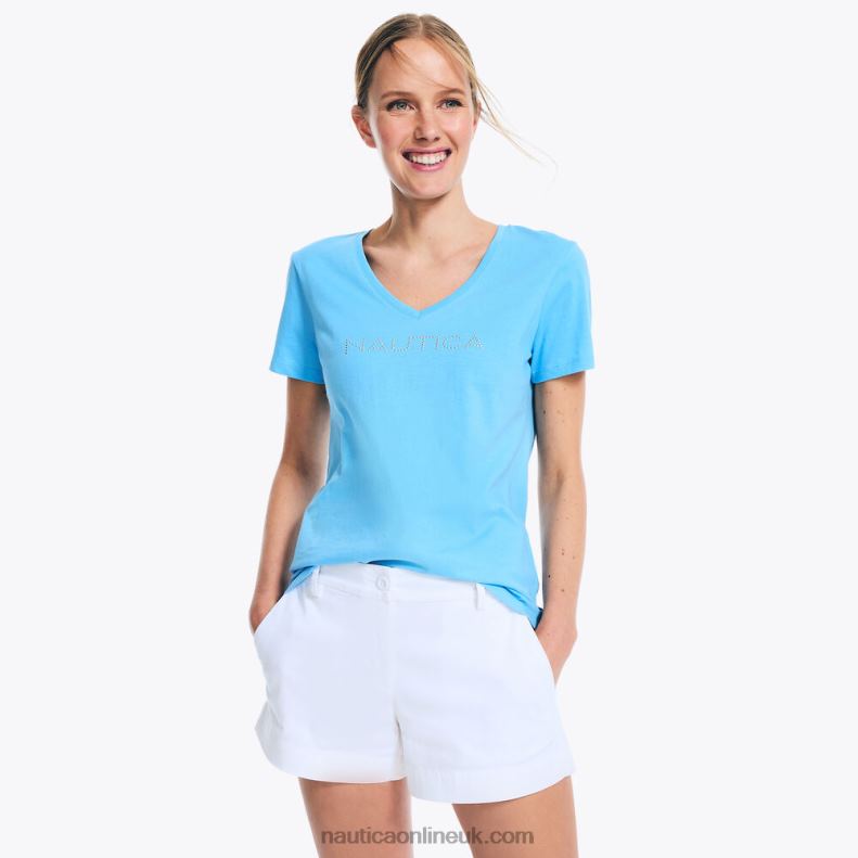 Nautica Studded Logo V-Neck T-Shirt L6J4L744 Azure Blue Women