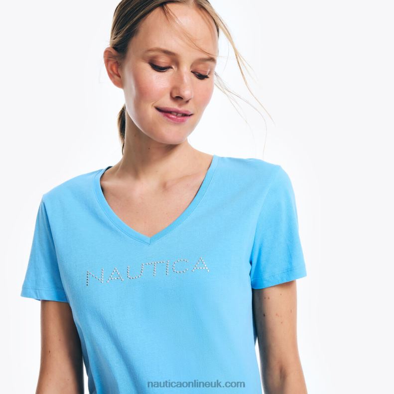 Nautica Studded Logo V-Neck T-Shirt L6J4L744 Azure Blue Women