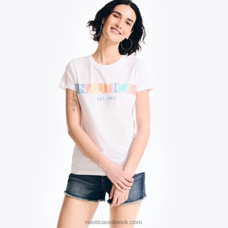 Nautica Sustainably Crafted Chest-Stripe Graphic T-Shirt L6J4L858 Bright White Women