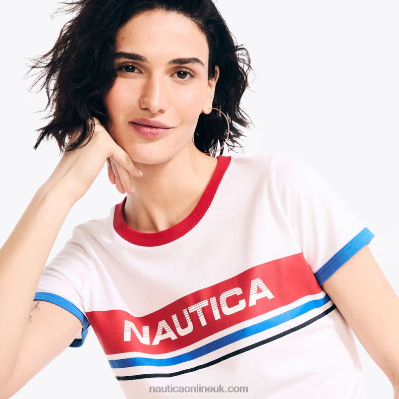 Nautica Sustainably Crafted Chest-Stripe Logo Graphic T-Shirt L6J4L863 Bright White Women