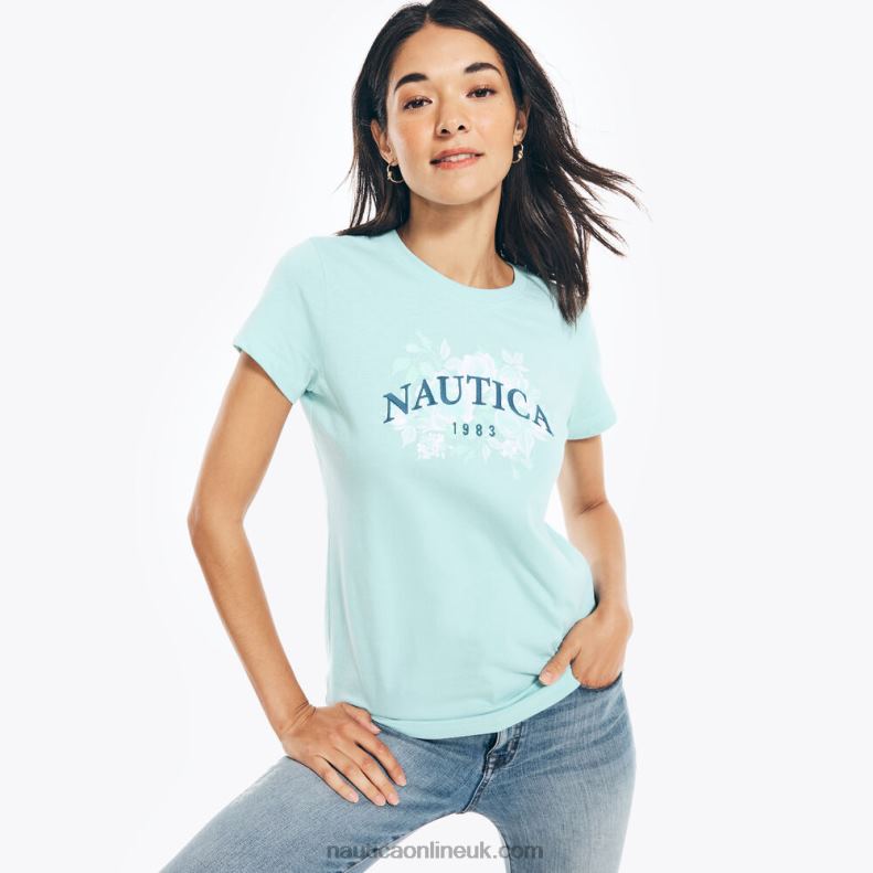 Nautica Sustainably Crafted Embroidered Floral Logo Graphic T-Shirt L6J4L1024 Light Tide Water Wash Women