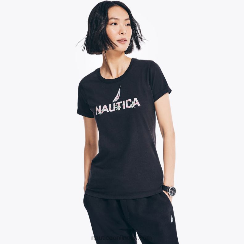 Nautica Sustainably Crafted Floral Foil Logo T-Shirt L6J4L837 True Black Women