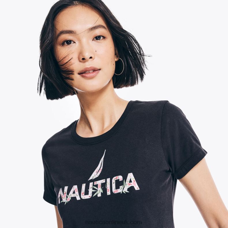 Nautica Sustainably Crafted Floral Foil Logo T-Shirt L6J4L837 True Black Women