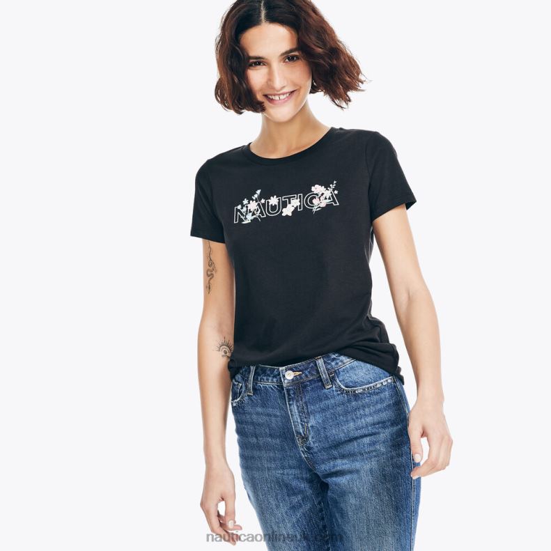 Nautica Sustainably Crafted Floral Foil Logo T-Shirt L6J4L947 True Black Women
