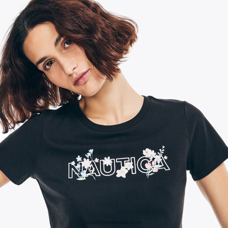 Nautica Sustainably Crafted Floral Foil Logo T-Shirt L6J4L947 True Black Women