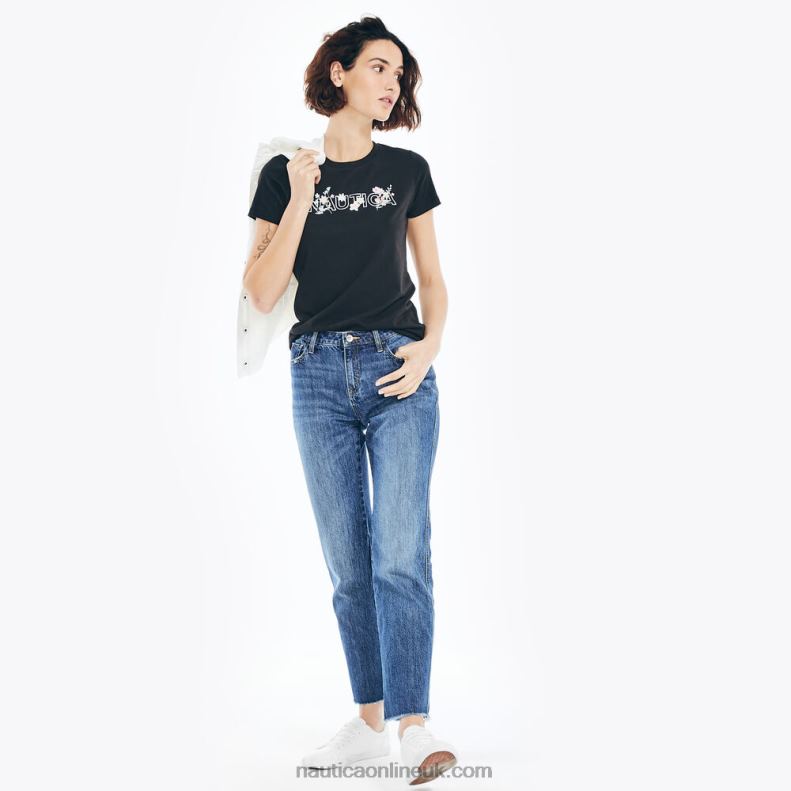 Nautica Sustainably Crafted Floral Foil Logo T-Shirt L6J4L947 True Black Women