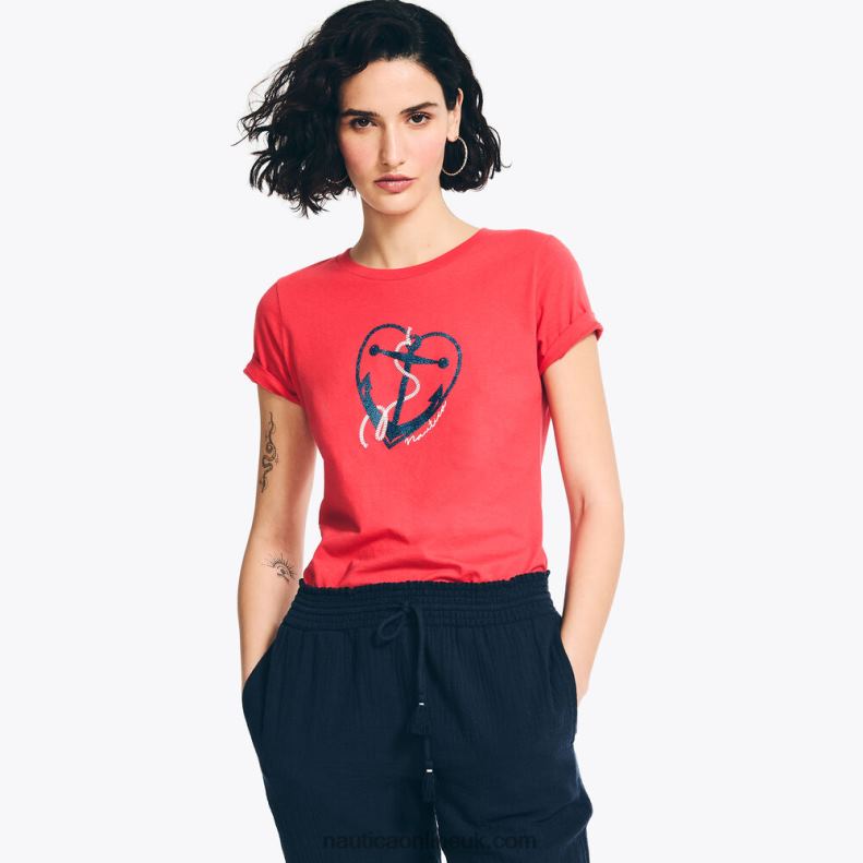 Nautica Sustainably Crafted Glitter Hearted Anchor Graphic T-Shirt L6J4L762 Tomato Women