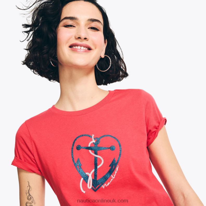 Nautica Sustainably Crafted Glitter Hearted Anchor Graphic T-Shirt L6J4L762 Tomato Women
