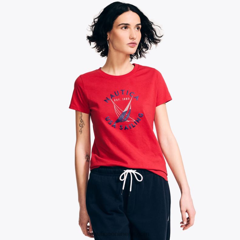 Nautica Sustainably Crafted Glitter Logo Graphic T-Shirt L6J4L801 Tomales Red Women