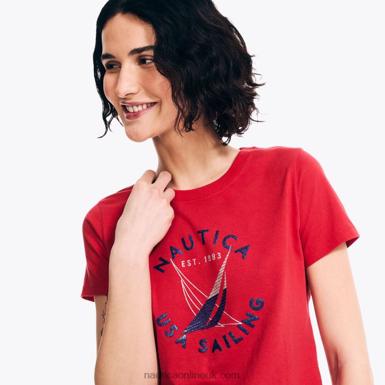 Nautica Sustainably Crafted Glitter Logo Graphic T-Shirt L6J4L801 Tomales Red Women