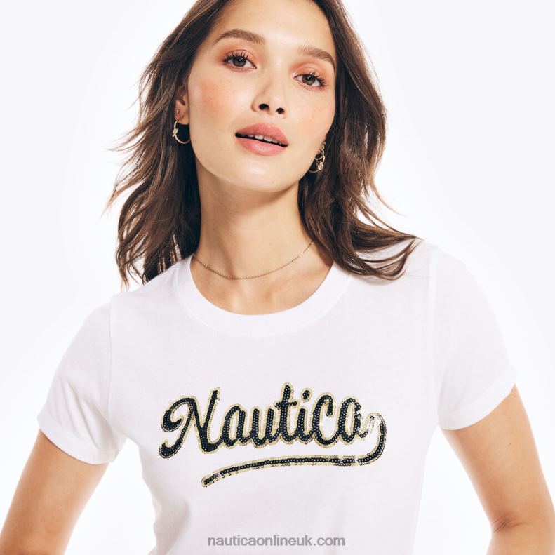 Nautica Sustainably Crafted Sequin Logo Graphic T-Shirt L6J4L1038 Bright White Women