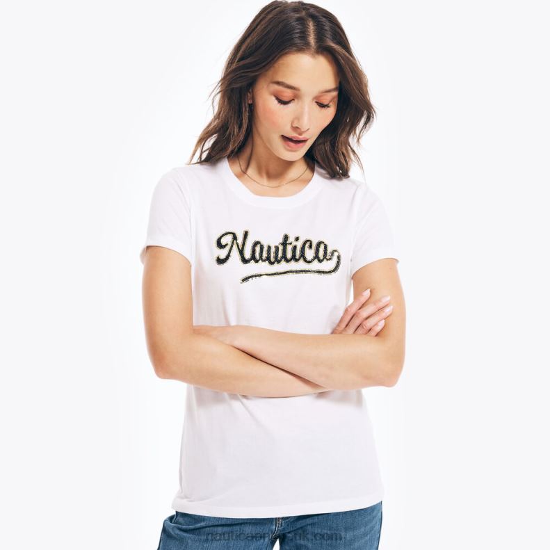 Nautica Sustainably Crafted Sequin Logo Graphic T-Shirt L6J4L1038 Bright White Women
