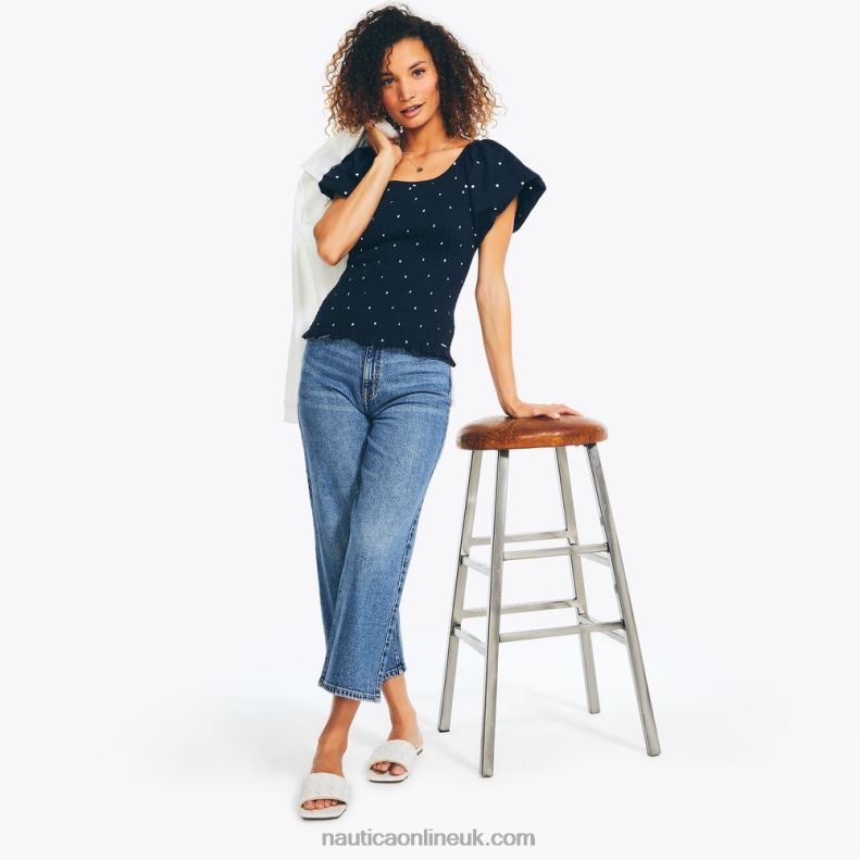 Nautica Polka Dot Smocked Top L6J4L979 Stellar Blue Heather Women