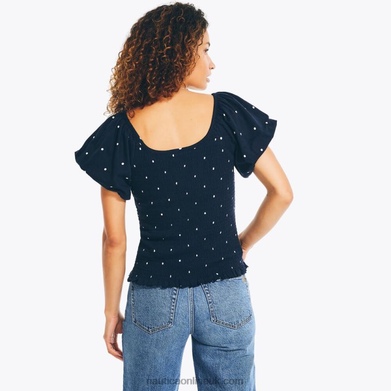 Nautica Polka Dot Smocked Top L6J4L979 Stellar Blue Heather Women