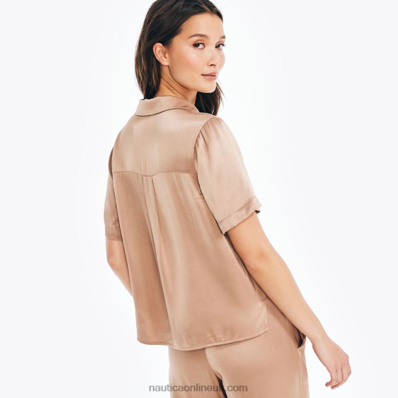 Nautica Satin Short-Sleeve Camp Shirt L6J4L962 Chocolate Women