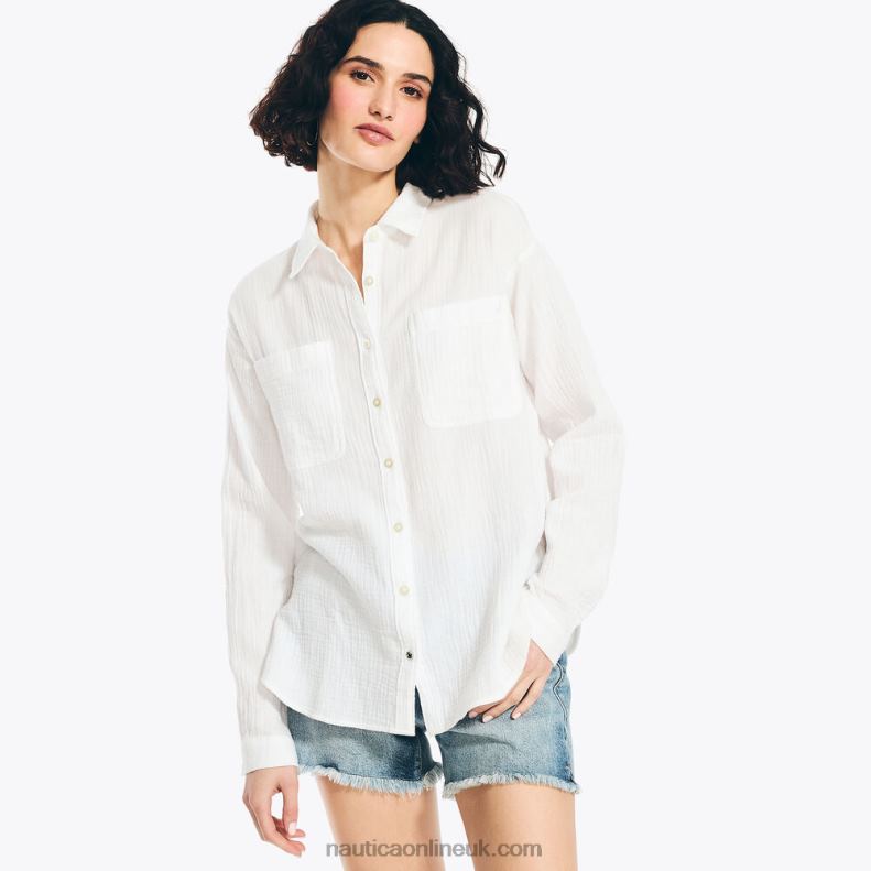 Nautica Solid Boyfriend Shirt L6J4L997 Bright White Women