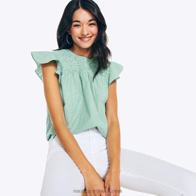 Nautica Striped Smocked Top L6J4L787 Pine Forest Heather Women