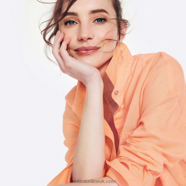 Nautica Sustainably Crafted Linen Boyfriend Shirt L6J4L893 Fire Orange Women