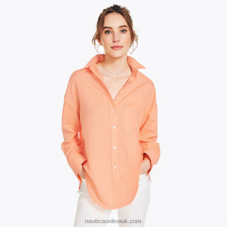 Nautica Sustainably Crafted Linen Boyfriend Shirt L6J4L893 Fire Orange Women