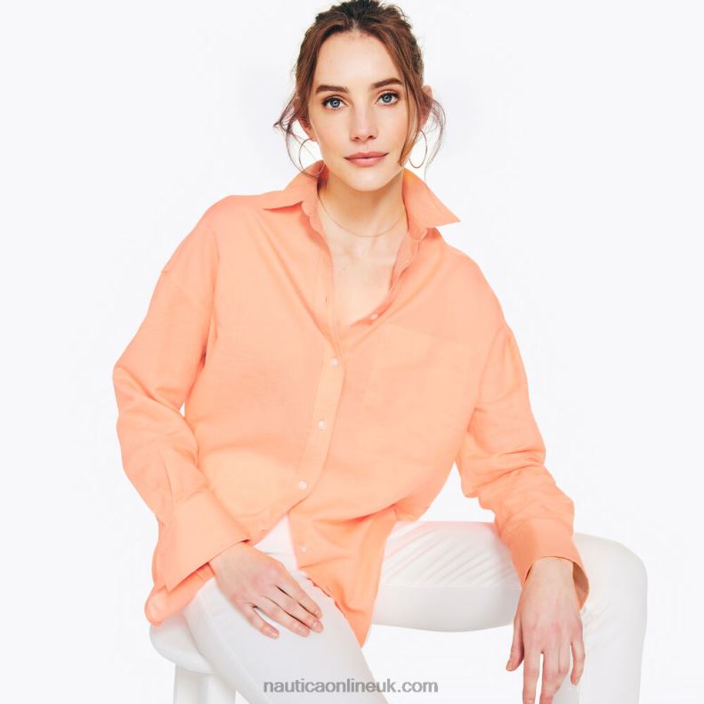 Nautica Sustainably Crafted Linen Boyfriend Shirt L6J4L893 Fire Orange Women