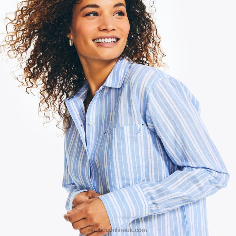 Nautica Sustainably Crafted Striped Linen Boyfriend Shirt L6J4L834 Aquabreeze Women