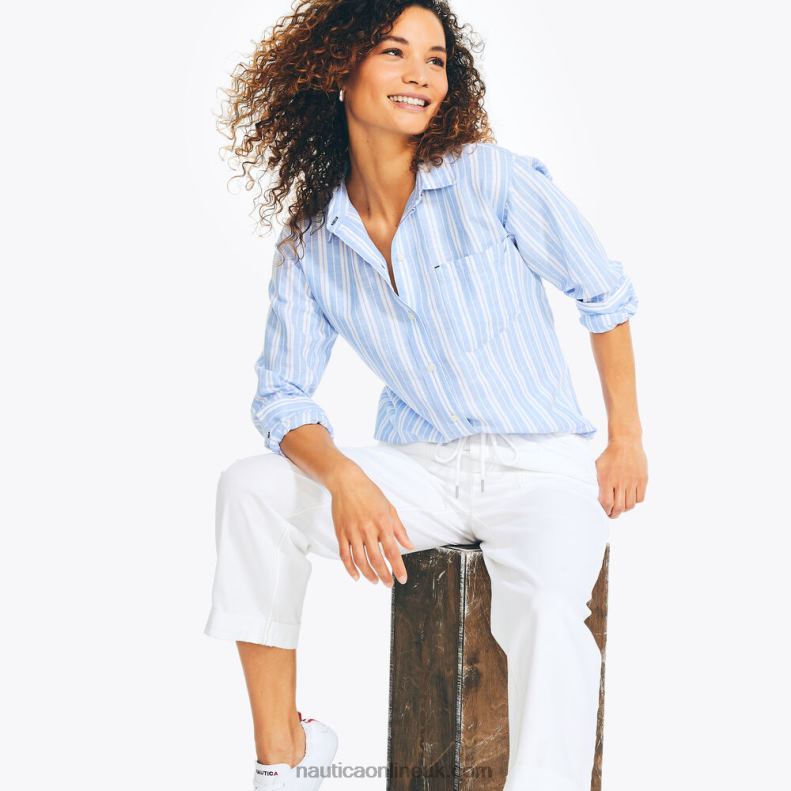 Nautica Sustainably Crafted Striped Linen Boyfriend Shirt L6J4L834 Aquabreeze Women